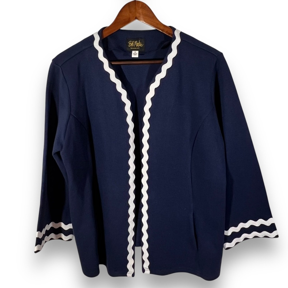 Bob Mackie Cardigan XS Navy Blue White Ric Rac Trim Cotton Knit NWT - Picture 2 of 10